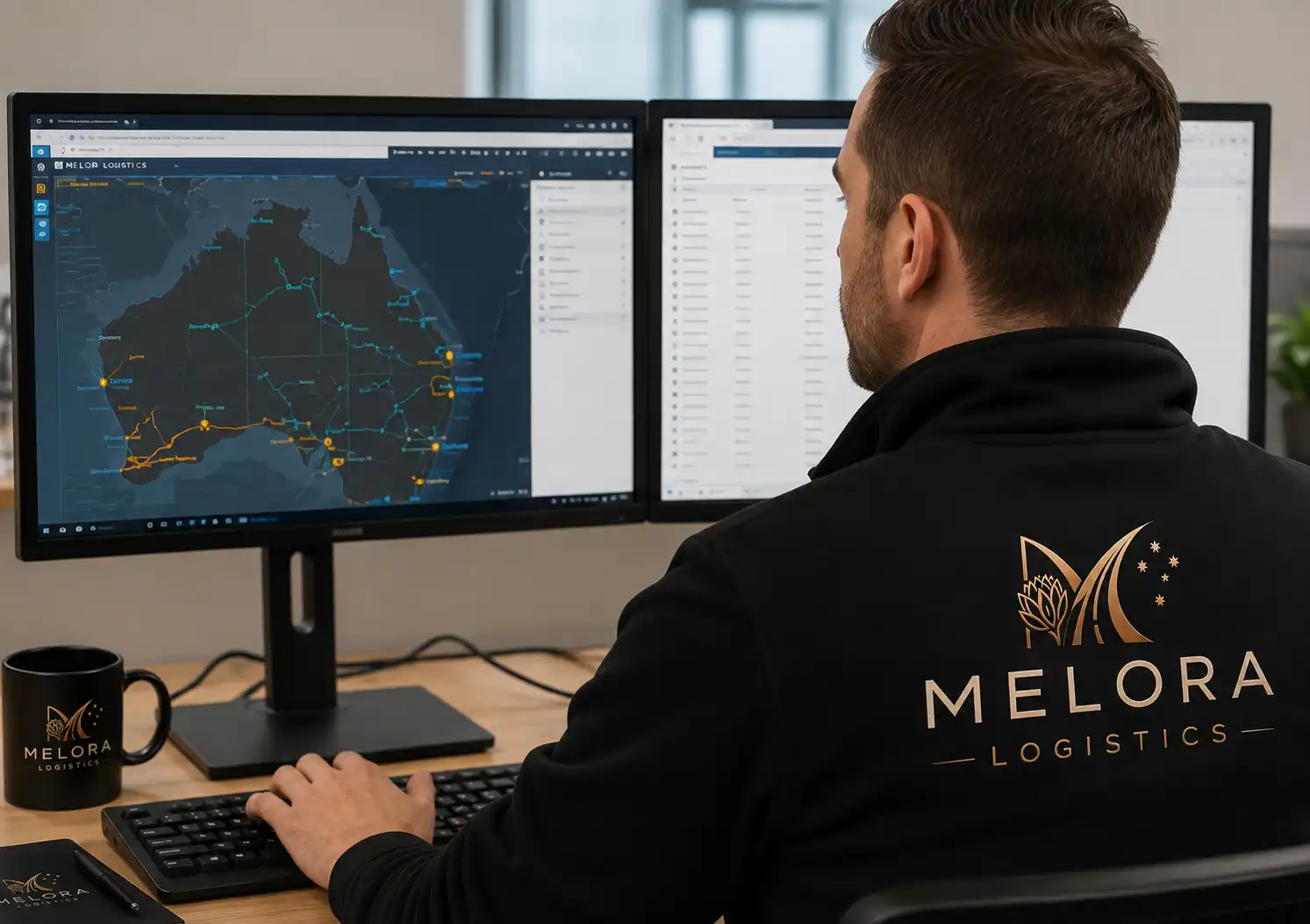 Man with branded jacket using computer with map of Australia - Melora Logistics